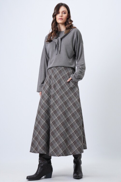 Yüksek Bel Ekose Desenli Midi Etek