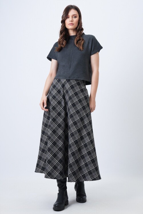 Yüksek Bel Ekose Desenli Midi Etek