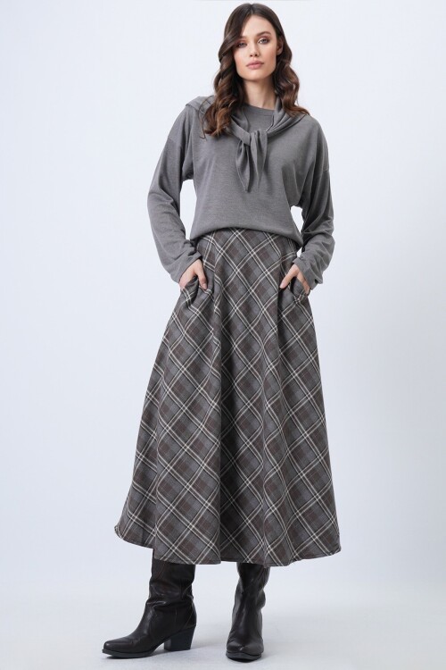 Yüksek Bel Ekose Desenli Midi Etek