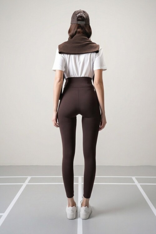 Kahverengi Yüksek Bel Şardonlu Tayt