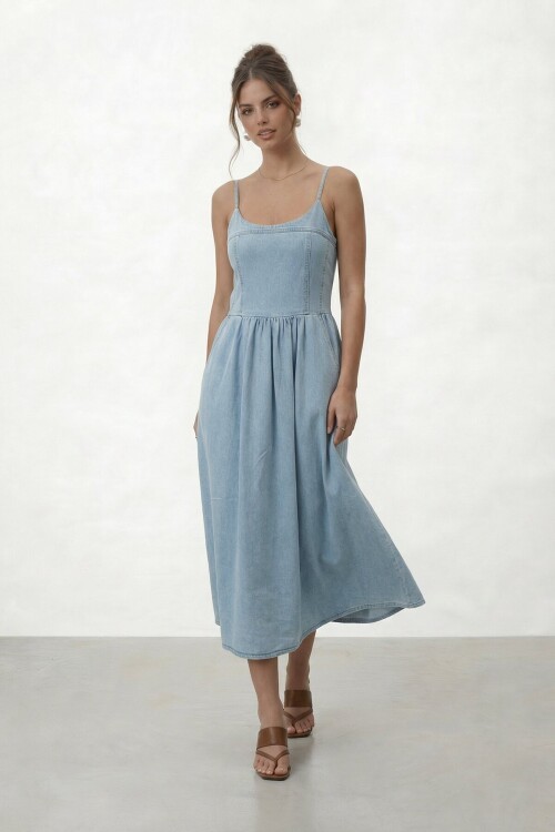 Askılı Denim Katlı Midi Elbise