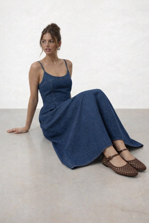 Askılı Denim Katlı Midi Elbise