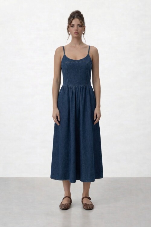 Askılı Denim Katlı Midi Elbise