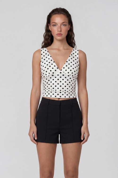 Askılı Drape Detaylı Puantiyeli Crop Bluz