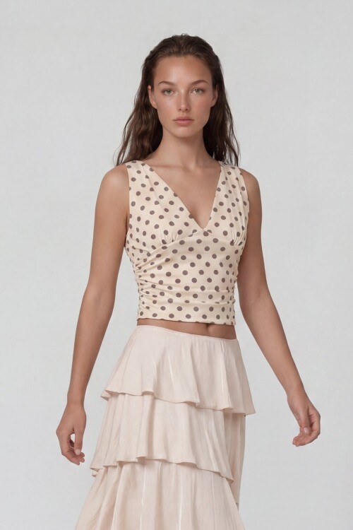 Askılı Drape Detaylı Puantiyeli Crop Bluz