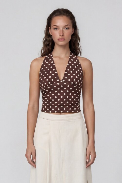 Askılı Drape Detaylı Puantiyeli Crop Bluz