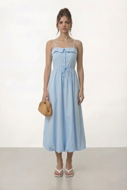 Askılı Düğme Detaylı Beli Bağcıklı Eteği Lastikli İçi Astarlı Midi Elbise