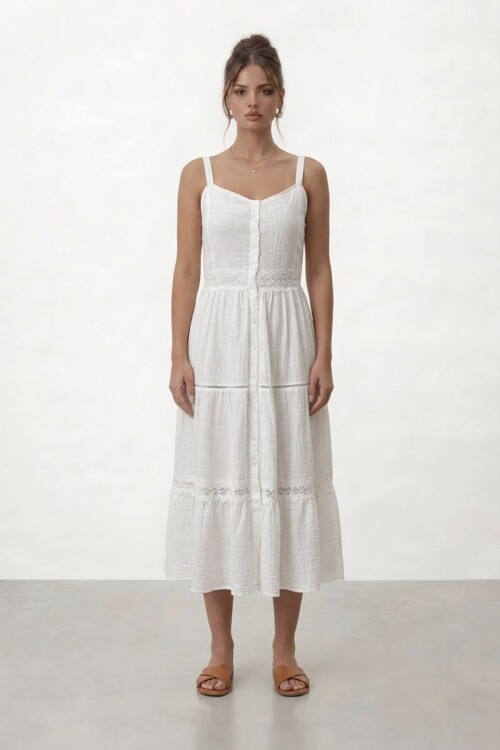 Askılı Düğmeli Katlı Midi Elbise