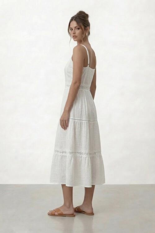 Askılı Düğmeli Katlı Midi Elbise