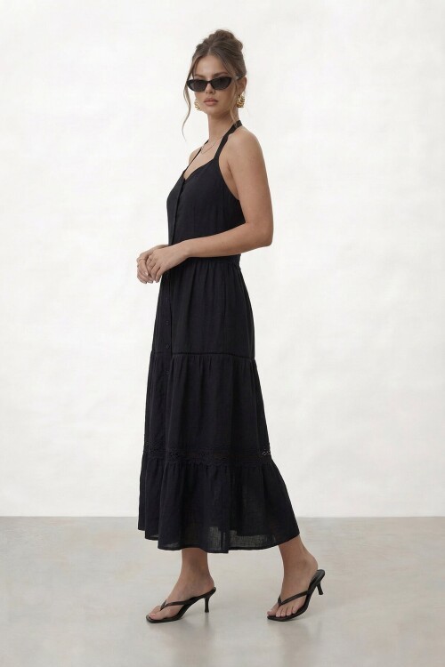 Askılı Düğmeli Katlı Midi Elbise