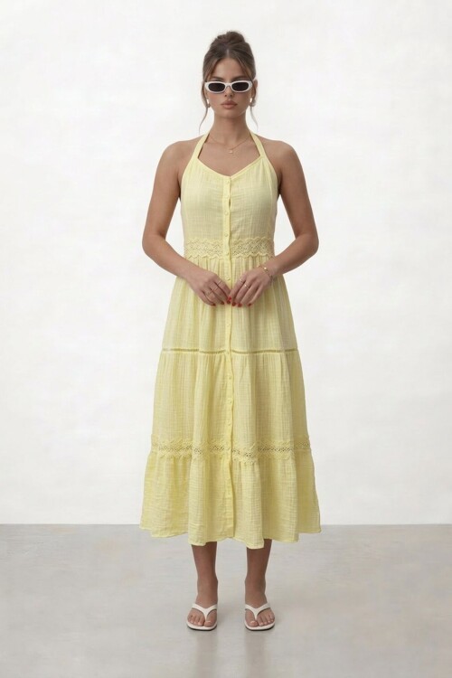 Askılı Düğmeli Katlı Midi Elbise