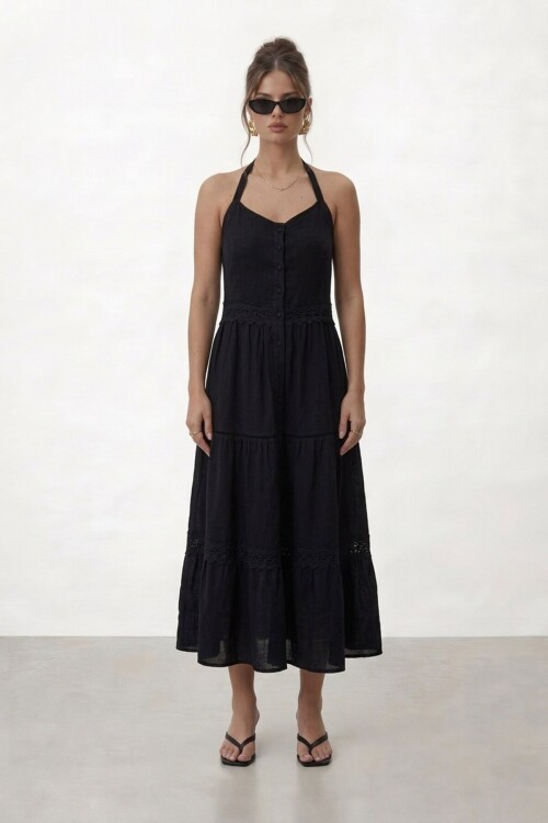 Askılı Düğmeli Katlı Midi Elbise