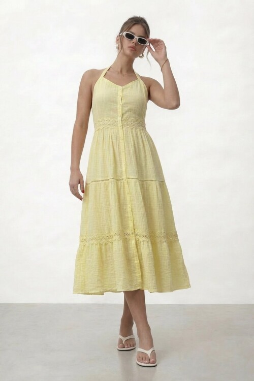 Askılı Düğmeli Katlı Midi Elbise