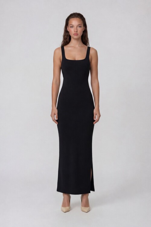 Askılı Kare Yaka Sırt Dekolteli Yırtmaçlı Midi Elbise