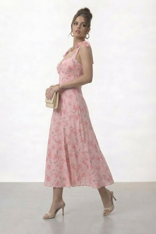 Askılı Omuzdan Bağlamalı Büzgülü Çiçek Desenli Midi Elbise