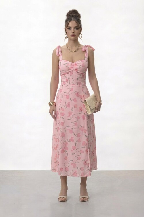 Askılı Omuzdan Bağlamalı Büzgülü Çiçek Desenli Midi Elbise