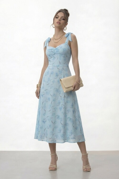 Askılı Omuzdan Bağlamalı Büzgülü Çiçek Desenli Midi Elbise