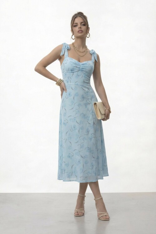 Askılı Omuzdan Bağlamalı Büzgülü Çiçek Desenli Midi Elbise