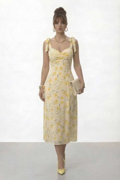 Askılı Omuzdan Bağlamalı Büzgülü Çiçek Desenli Midi Elbise