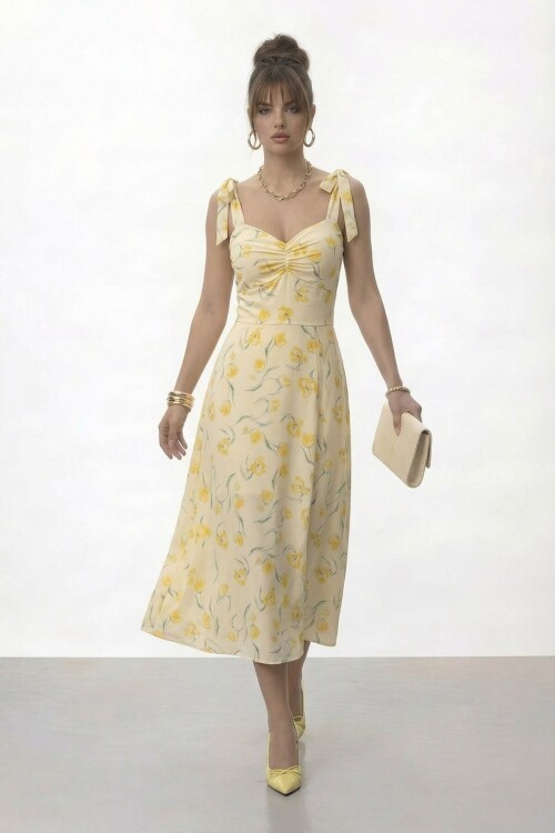 Askılı Omuzdan Bağlamalı Büzgülü Çiçek Desenli Midi Elbise