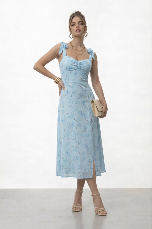 Askılı Omuzdan Bağlamalı Büzgülü Çiçek Desenli Midi Elbise