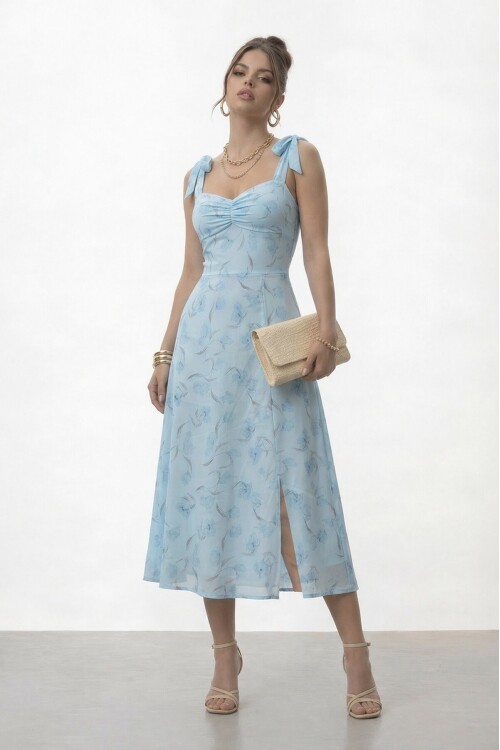 Askılı Omuzdan Bağlamalı Büzgülü Çiçek Desenli Midi Elbise