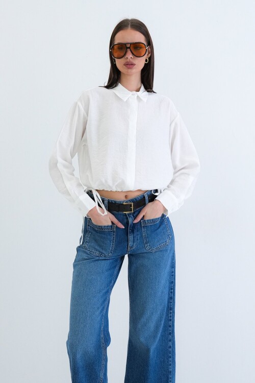 Bağcık Detaylı Gömlek Yaka Bluz