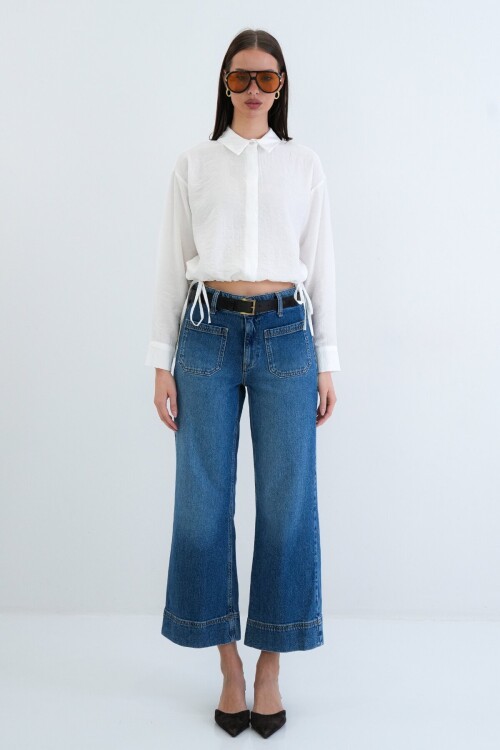 Bağcık Detaylı Gömlek Yaka Bluz