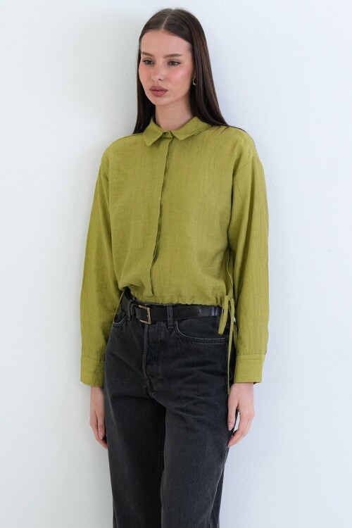Bağcık Detaylı Gömlek Yaka Bluz