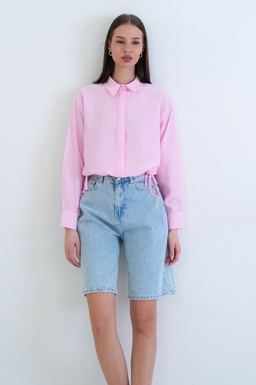 Bağcık Detaylı Gömlek Yaka Bluz