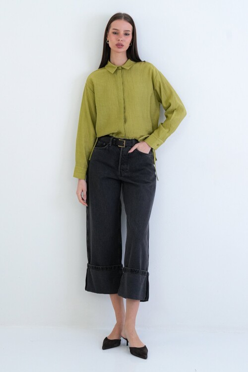 Bağcık Detaylı Gömlek Yaka Bluz