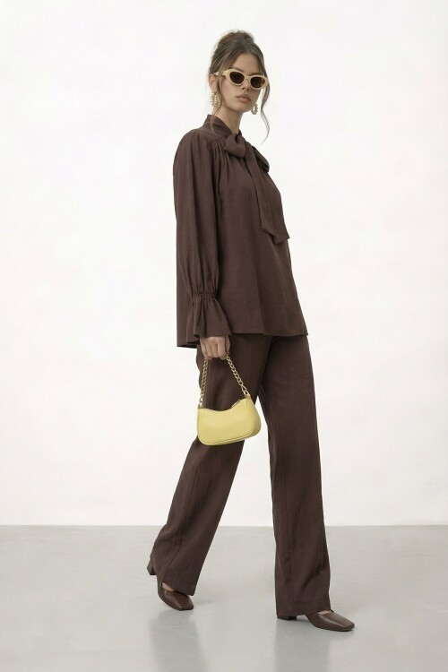 Bağlama Yaka İspanyol Kol Bluz Ve Geniş Paça Pantolon Takım