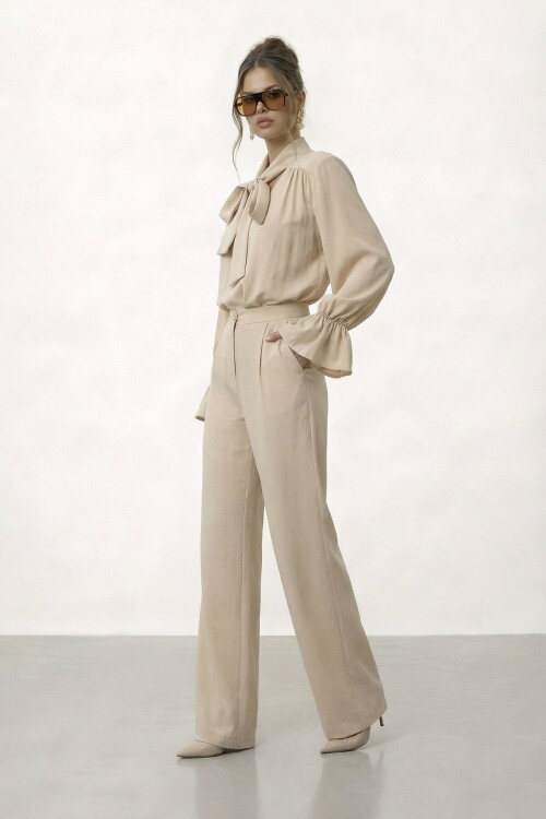 Bağlama Yaka İspanyol Kol Bluz Ve Geniş Paça Pantolon Takım