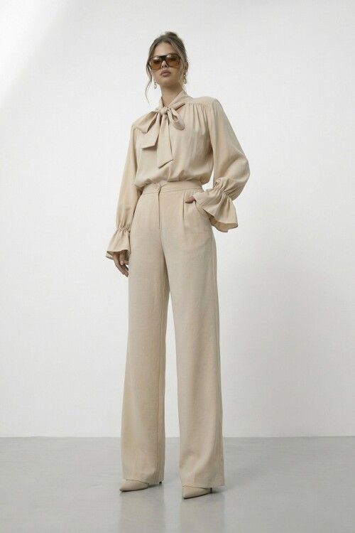 Bağlama Yaka İspanyol Kol Bluz Ve Geniş Paça Pantolon Takım