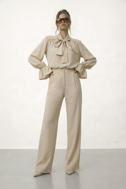 Bağlama Yaka İspanyol Kol Bluz Ve Geniş Paça Pantolon Takım