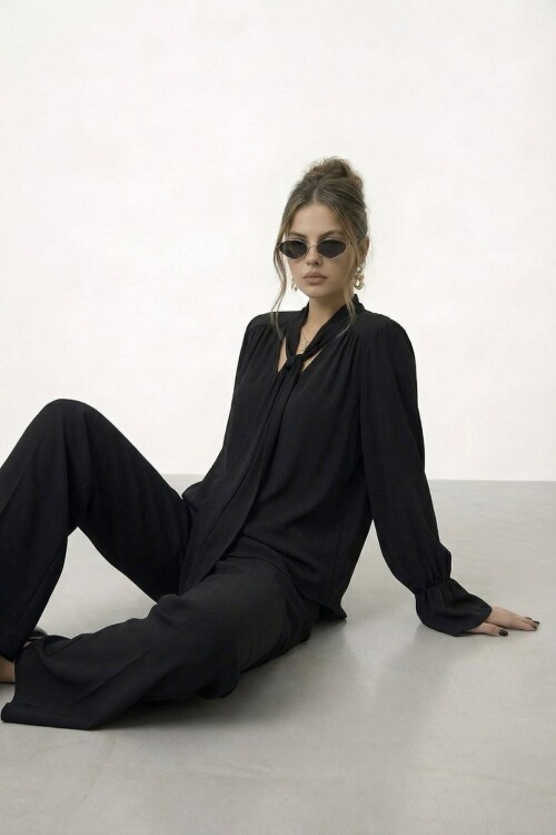 Bağlama Yaka İspanyol Kol Bluz Ve Pantolon Takım