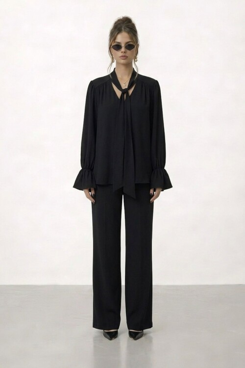 Bağlama Yaka İspanyol Kol Bluz Ve Pantolon Takım