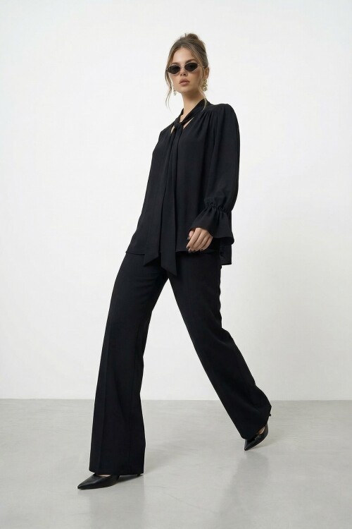 Bağlama Yaka İspanyol Kol Bluz Ve Pantolon Takım