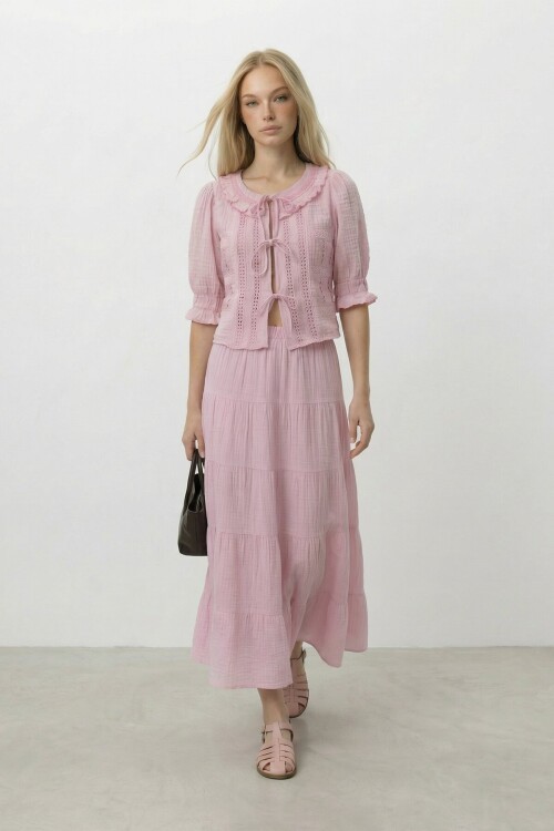 Bağlamalı Bluz Ve Lastikli Midi Etek Takım