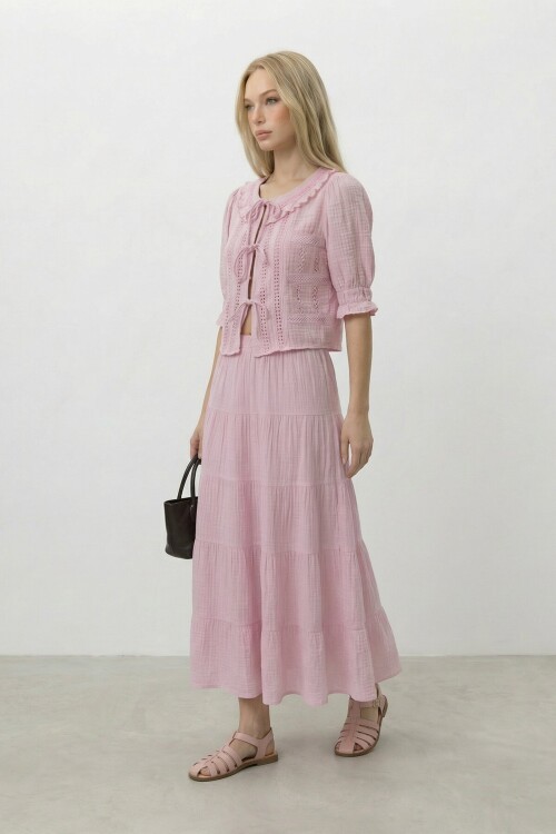 Bağlamalı Bluz Ve Lastikli Midi Etek Takım