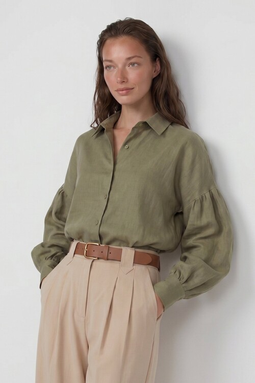 Balon Kol Geniş Manşetli Oversize Keten Gömlek