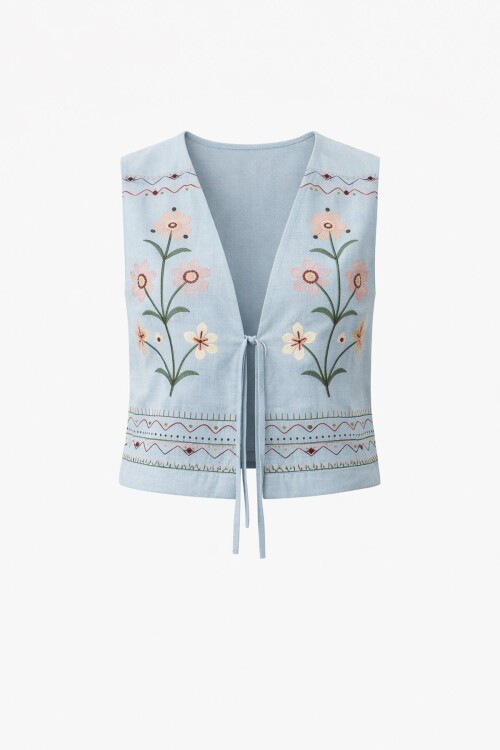 Bebe Mavi Nakışlı Bağcık Detaylı Tasarım Ham Keten Yelek