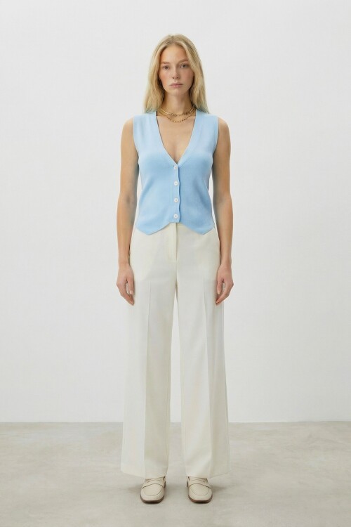 Bebe Mavi V Yaka Düğmeli Yazlık Triko Yelek