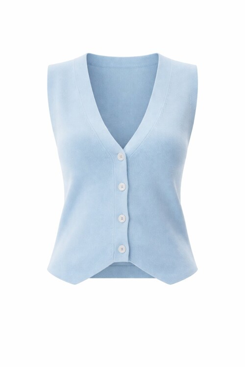 Bebe Mavi V Yaka Düğmeli Yazlık Triko Yelek