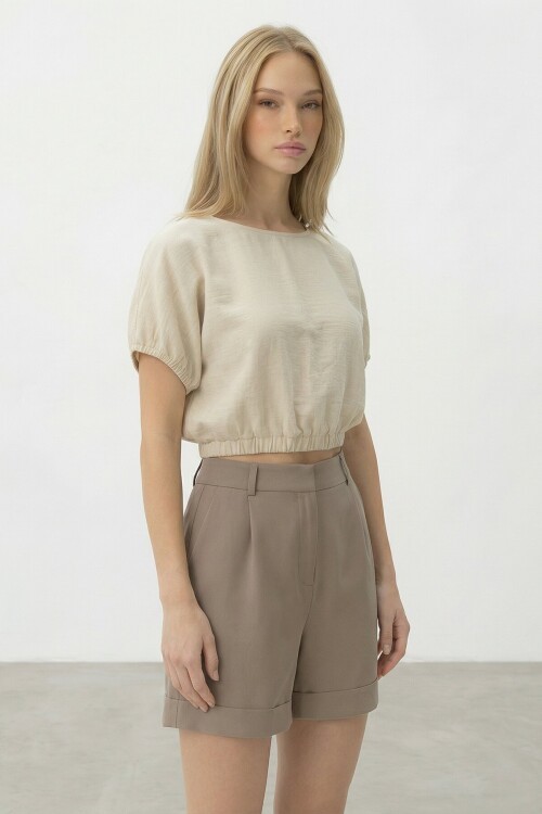 Bej Çift Cepli Duble Paça Gizli Fermuarlı Keten Şort