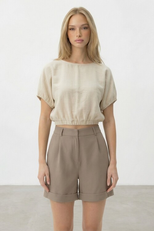 Bej Çift Cepli Duble Paça Gizli Fermuarlı Keten Şort