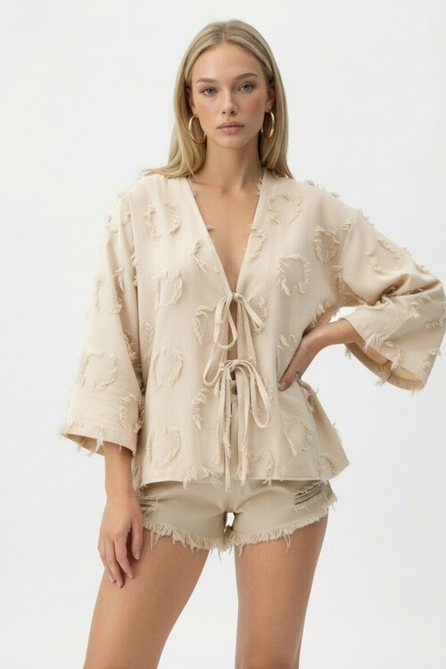 Bej V Yaka Önü Bağlamalı Püskül Detaylı Yazlık Keten Ceket