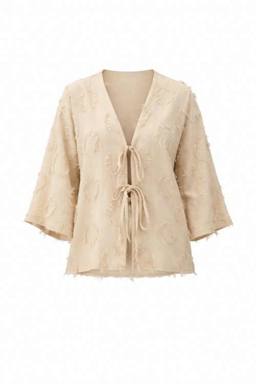 Bej V Yaka Önü Bağlamalı Püskül Detaylı Yazlık Keten Ceket