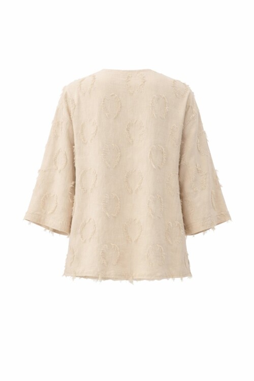 Bej V Yaka Önü Bağlamalı Püskül Detaylı Yazlık Keten Ceket