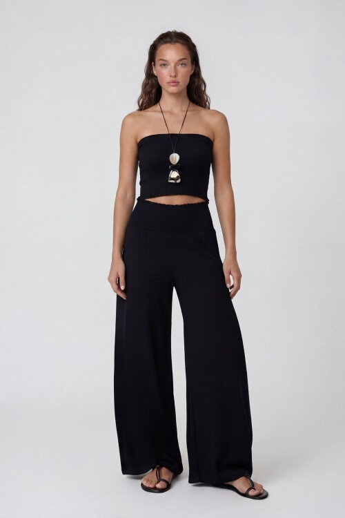 Beli Gipeli Geniş Paça Pantolon Ve Gipeli Crop Büstiyer Takım